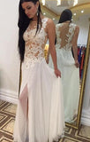 Backless A-line Chiffon Lace Slit Prom Dress-Beaded,Formal Evening Dresses HZ0509