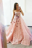 Pink Lace Long Ball Gown with Floral Embroidery Cheap Prom Dresses HZ0509