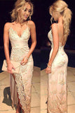 Spaghetti Straps Lace V Neck Prom Dress With Front Split HZ0509