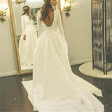 Long Sleeves Backless Simple Wedding Dress,Elegant A Line Prom Dress HZ0509