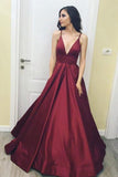 Spaghetti Straps Burgundy V neck Long Prom Dress,A Line Formal Evening Dress HZ0509
