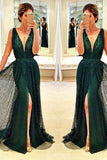 Sleeveless V-Neck Front Split Sleeveless Sequined Dark Green Prom Dress HZ0509