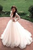 A-Line V-Neck Tulle Ivory Long Sleeves Ball Gown Wedding Dresses HZ0509