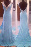 V-Neck Sleeveless Sequins Blue Mermaid Backless Floor-Length Long Prom Dresses HZ0509