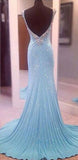 V-Neck Sleeveless Sequins Blue Mermaid Backless Floor-Length Long Prom Dresses HZ0509