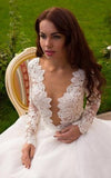 A-Line V-Neck Tulle Ivory Long Sleeves Ball Gown Wedding Dresses HZ0509