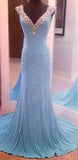 V-Neck Sleeveless Sequins Blue Mermaid Backless Floor-Length Long Prom Dresses HZ0509