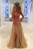 Tulle Flower Appliques Sleeveless Long Formal Prom Dress With Side Slit HZ0509