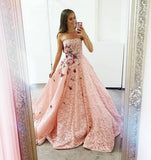 Pink Lace Long Ball Gown with Floral Embroidery Cheap Prom Dresses HZ0509