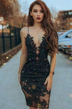 Spaghetti Straps Black Beaded Short Prom Dress with Lace HZ0509