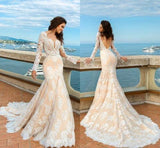 Lace Mermaid Deep V-Neck Backless Long Sleeves Backless Wedding Dresses HZ0509