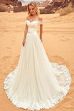 Off-the-Shoulder Sweep Train A-Line Tulle Ivory Appliques Wedding Dress HZ0509