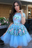 Floral Prints Tulle Short Sleeves A Line Charming Homecoming Dresses HZ0509