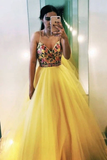 V Neck Spaghetti Straps Yellow Tulle A Line Prom Dresses with Floral Appliques HZ0509