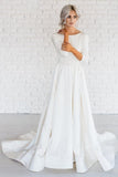 White A-line Satin Sweep Train 3/4 Sleeve Backless Wedding Dresses HZ0509