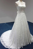 Bateau A-Line White Lace Long Sleeveless Wedding Dress HZ0509