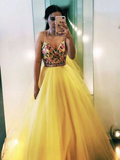 V Neck Spaghetti Straps Yellow Tulle A Line Prom Dresses with Floral Appliques HZ0509
