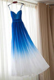 Blue White Ombre Long Bridesmaid Dress,A-line Sweetheart Chiffon Prom Dresses HZ0509