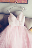 spaghetti straps v neck tulle pink prom/evening dress, pink tulle bridal dress HZ0509