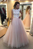 Light Pink Tulle with White lace appliqued Long Backless Prom Dress HZ0509