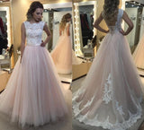 Light Pink Tulle with White lace appliqued Long Backless Prom Dress HZ0509