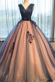 tulle v-neck applique A-line long evening dresses ,ball gown prom dress HZ0509