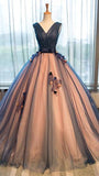 tulle v-neck applique A-line long evening dresses ,ball gown prom dress HZ0509