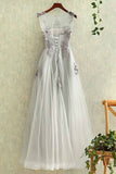 tulle round neck a line lace applique see-through long prom/evening dresses HZ0509