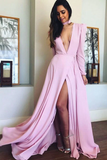 Charming Deep V Neck Long Sleeves Slit Pink Long Prom Dresses, Elegant Evening Dresses HZ0509