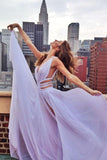 Lavender Chiffon Front Split Long Deep V Neck Off Shoulder A Line Sexy Prom Dress HZ0509