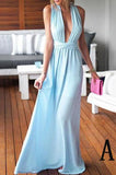 V-neck Chiffon Floor-length Ruffles Blue Backless Sexy Prom Dresses HZ0509