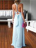 V-neck Chiffon Floor-length Ruffles Blue Backless Sexy Prom Dresses HZ0509