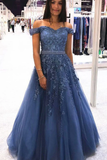 Blue Off the Shoulder Lace Appliques Tulle Long Prom Dresses with Beaded HZ0509