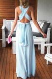 V-neck Chiffon Floor-length Ruffles Blue Backless Sexy Prom Dresses HZ0509