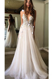 Open Back Deep V-neck Straps Tulle Appliques Prom Dress,, Floral Princess Wedding Dress HZ0509
