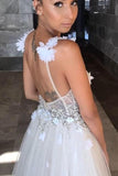 Open Back Deep V-neck Straps Tulle Appliques Prom Dress,, Floral Princess Wedding Dress HZ0509