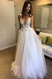 Open Back Deep V-neck Straps Tulle Appliques Prom Dress,, Floral Princess Wedding Dress HZ0509