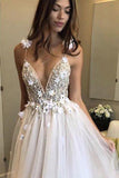 Open Back Deep V-neck Straps Tulle Appliques Prom Dress,, Floral Princess Wedding Dress HZ0509