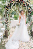 Open Back Deep V-neck Straps Tulle Appliques Prom Dress,, Floral Princess Wedding Dress HZ0509
