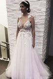 Open Back Deep V-neck Straps Tulle Appliques Prom Dress,, Floral Princess Wedding Dress HZ0509