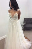 Open Back Deep V-neck Straps Tulle Appliques Prom Dress,, Floral Princess Wedding Dress HZ0509