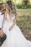 Open Back Deep V-neck Straps Tulle Appliques Prom Dress,, Floral Princess Wedding Dress HZ0509
