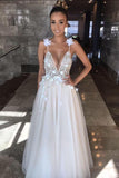 Open Back Deep V-neck Straps Tulle Appliques Prom Dress,, Floral Princess Wedding Dress HZ0509