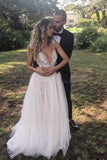 Open Back Deep V-neck Straps Tulle Appliques Prom Dress,, Floral Princess Wedding Dress HZ0509