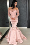 the Shoulder Long Sleeves Mermaid Lace Top Pink Long Prom Dresses HZ0509