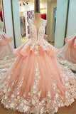 Lace Scoop Neckline Ball Gown Wedding Dress With Lace Appliques,Quinceanera Dresses HZ0509