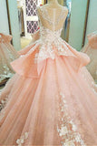 Lace Scoop Neckline Ball Gown Wedding Dress With Lace Appliques,Quinceanera Dresses HZ0509