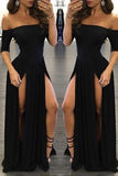 Sexy Chiffon Off-the-shoulder Half-Sleeve Black Prom Dresses With Split HZ0509