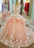 Lace Scoop Neckline Ball Gown Wedding Dress With Lace Appliques,Quinceanera Dresses HZ0509