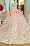 Lace Scoop Neckline Ball Gown Wedding Dress With Lace Appliques,Quinceanera Dresses HZ0509